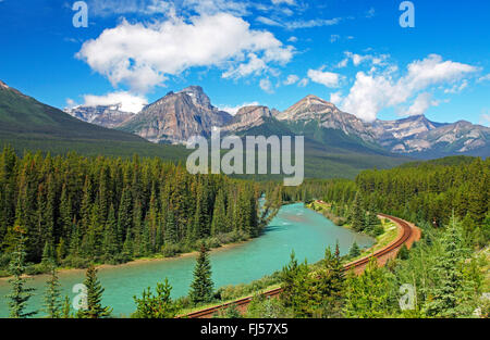 railroad line through the Bow River Valley, Rocky Mountains, Canada, Alberta, Banff National Park Stock Photo