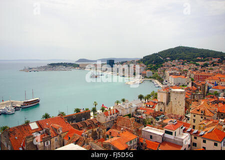 view from campanile to the old city, Marjan mountain in background, Croatia, Split Stock Photo