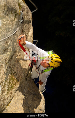 climber at via ferrata in the canyon of Ailefroide, France, Hautes Alpes, Pelvoux Stock Photo