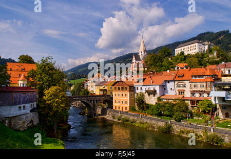 Old historical old town of Murau Austria downtown and churches and Mur River, Austria Stock Photo