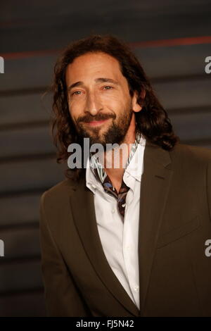 Beverly Hills, Los Angeles, USA. 28th Feb, 2016. Adrien Brody attends the Vanity Fair Oscar Party at Wallis Annenberg Center for the Performing Arts in Beverly Hills, Los Angeles, USA, 28 February 2016. Photo: Hubert Boesl/dpa/Alamy Live News Stock Photo