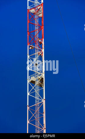three painters coating a pole in dizzy altidude, France Stock Photo