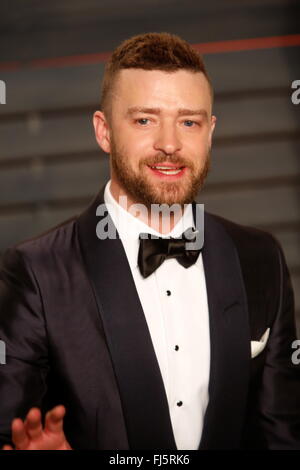 Beverly Hills, Los Angeles, USA. 28th Feb, 2016. Justin Timberlake attends the Vanity Fair Oscar Party at Wallis Annenberg Center for the Performing Arts in Beverly Hills, Los Angeles, USA, 28 February 2016. Photo: Hubert Boesl/dpa/Alamy Live News Stock Photo