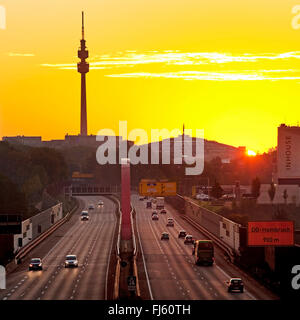 highway A 40 before sunrise with Florian Tower and Westfalenhallen Dortmund, Germany, North Rhine-Westphalia, Ruhr Area, Dortmund Stock Photo