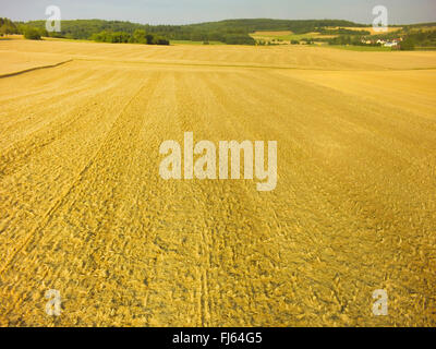 harvested wheat field, air photo, 23.07.2015, aerial view , Germany, Baden-Wuerttemberg, Odenwald Stock Photo
