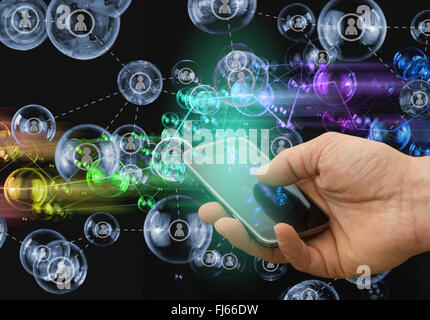 smart phone concept, social media illustration - hand holding mobile phone  with networking people over display Stock Photo