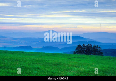 mountain scenery of High Eifel in early morning light, Germany, Rhineland-Palatinate, Hocheifel, Steffeln Stock Photo