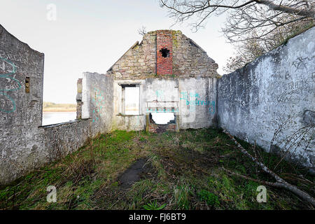 The interior of the roofless, derelict Clayhole Shiel by the river Tweed.Berwick upon Tweed. Stock Photo