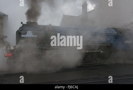 Atmospheric photo of Tornado steam locomotive in BR blue shrouded in steam leaving Grosmont Station,  North York Moors Railway Stock Photo