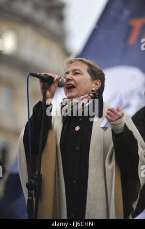 Kate Hudson (General Secretary, Campaign for Nuclear Disarmament) speaking in Trafalgar Square following the Stop Trident demonstration, central London. Stock Photo