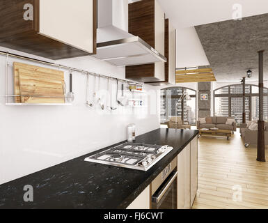 Modern kitchen in apartment interior 3d render Stock Photo