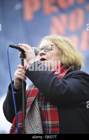 Lindsey German (Stop the War campaign) speaking in Trafalgar Square following the Stop Trident demonstration, central London. Stock Photo