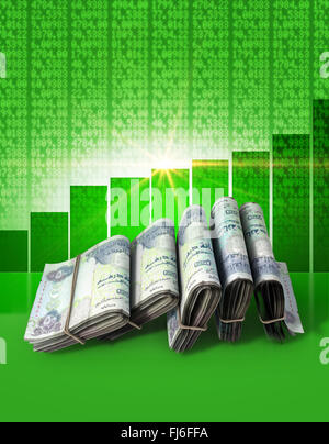 Wads of folded stacks of dirham banknotes on a green digital stock market indicator board background with an increasing green ba Stock Photo