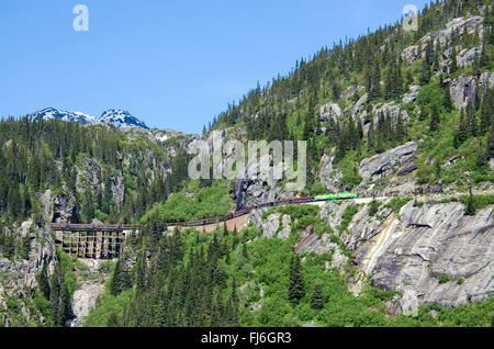 White Pass & Yukon Route Railroad travels along the cliffs after exiting Tunnel Mountain Stock Photo