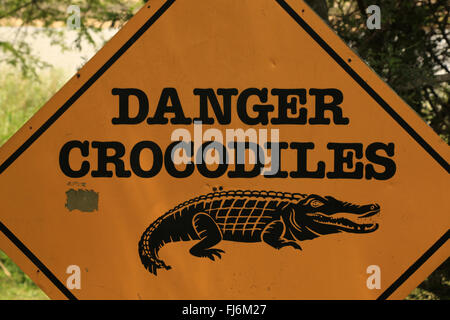 Crocodile warning signs at Saint Lucia, isimangaliso wetlands reserve,  KwaZulu-Natal, South Africa. Stock Photo