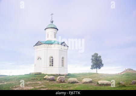 Konstantinovskaya Chapel and Lonely Tree near Solovetsky Monastery on Solovki Islands (Russia), with a Sky in the Background Stock Photo