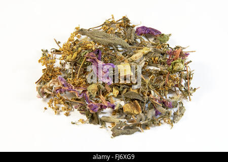 Herbal airway support tea (thyme leaves, mallow flowers, elderberry blossoms, sage leaves and licorice) isolated  on white Stock Photo
