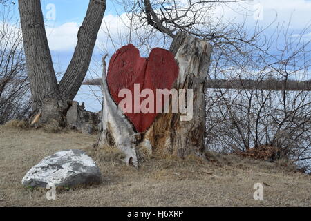 Heart painted on dead tree stump. Stock Photo