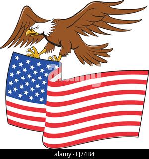 Illustration of an american bald eagle carrying usa stars and stripes flag viewed from the side set on isolated white background done in cartoon style. Stock Vector