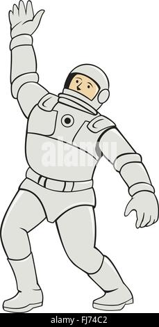 Illustration of an astronaut spaceman wearing space suit waving viewed from the front set on isolated white background done in cartoon style. Stock Vector