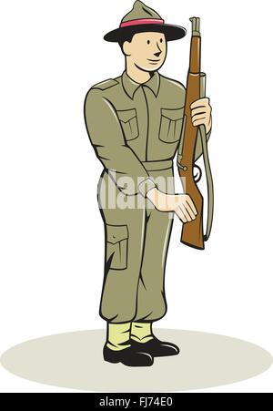 Illustration of a British World War II soldier presenting arms rifle weapon for inspection set on isolated white background done in cartoon style. Stock Vector