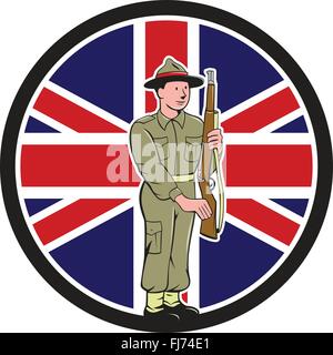 Illustration of a World War II soldier presenting arms rifle weapon for inspection with Union Jack British UK flag in the background set inside circle done in cartoon style. Stock Vector