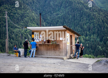 Small wooden bar seen from the road from Jvari town to Mestia, Caucasus mountains in Svanetia region, Georgia Stock Photo