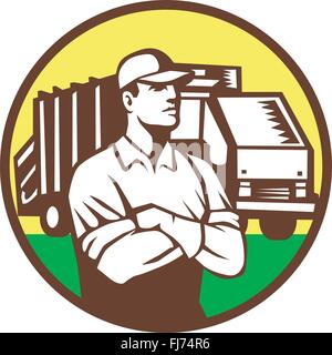 Illustration of a garbage collector with folded arms and rubbish waste collection truck in background set inside circle done in Stock Vector