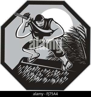 Illustration of a Samoan Ninja with samurai sword standing on top of fale nipa hut house with coconut frond wearing slippers with moon in the background set inside hexagon done in retro style. Stock Vector