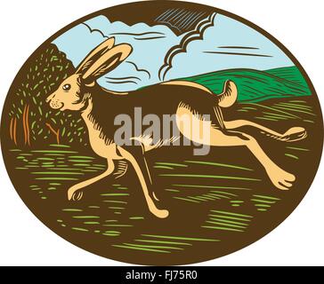 Illustration of a wild hare bunny rabbit running viewed from side with farm trees and mountains in background set inside oval shape done in retro woodcut style. Stock Vector