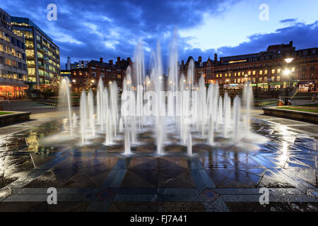 Fountain at millennium square in the city center of Sheffield, UK. Stock Photo