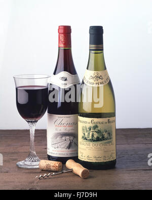 Bottle of Beaune du Chateau 1988 and Chenas 1989 French wine in studio setting. Stock Photo