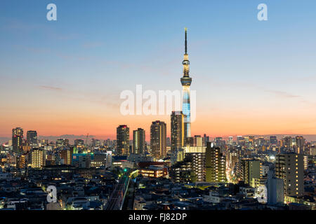 Tokyo; Japan -January 9; 2016: Tokyo Skyline at dusk, view of Asakusa district, Skytree visible in the distance.