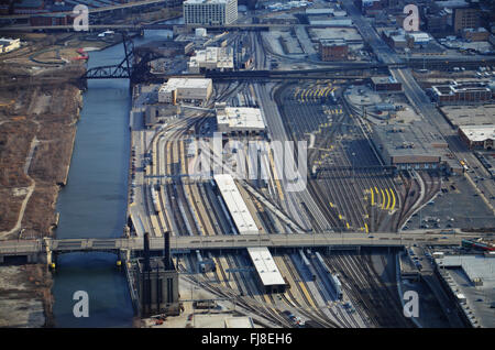 Aerial View of Railroad Yard in Chicago, IL Stock Photo