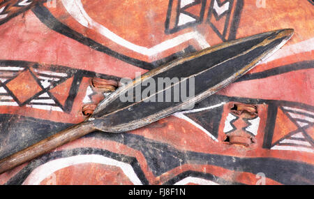 African Maasai spear head on skin shield. Stock Photo