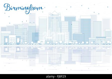 Outline Birmingham skyline with blue buildings and reflections. Vector illustration. Business travel and tourism concept Stock Vector