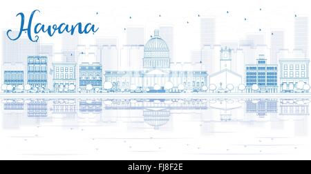 Outline Havana skyline with blue buildings and reflections. Vector illustration. Business travel and tourism concept Stock Vector