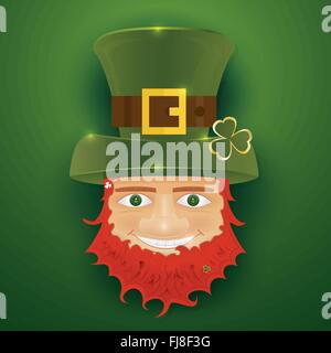 Portrait of Leprechaun. Irish man with clover leaf and hat. St. Patrick's Day design with copy space. Vector illustration. Stock Vector