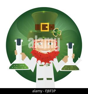 Portrait of Leprechaun Scientist holding flask in hands. Irish man with clover leaf and hat. St. Patrick's Day design Stock Vector