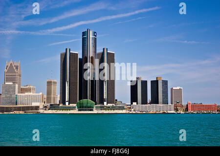A landscape image of the Detroit River and Detroit, City skyline as seen from Windsor, Ontario Canada Stock Photo