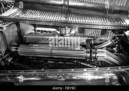 Engine of racing car Lagonda 4,5 Litre Fox & Nicholl, 1938. Black and white. Stock Photo