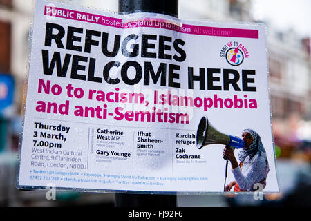 London, UK 1st March 2016 - Posters appears on lamp posts arround Green Lanes, Harringay advertising for a Public Rally hosted by Stand Up Racism for 'Refugees Welcome Here' on 3rd March 2016. Credit:  Dinendra Haria/Alamy Live News Stock Photo