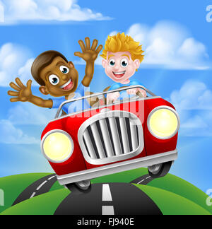 Cartoon boys, one black one white, having fun driving fast in a car on a road trip Stock Photo