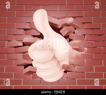 Conceptual illustration of a hand giving a thumbs up breaking through a red brick wall Stock Photo