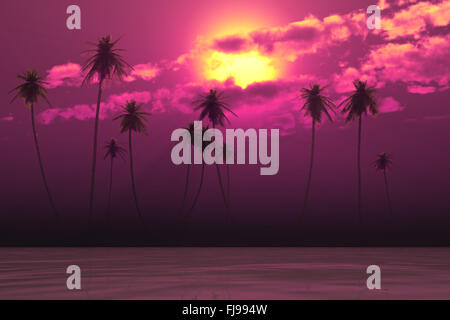 pink sunset in clouds over coconut tropic island Stock Photo