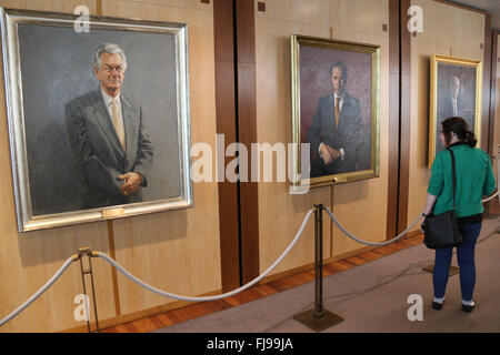 Paintings of former Australian Prime Ministers at Australian Parliament House at Capital Hill in Canberra. Stock Photo