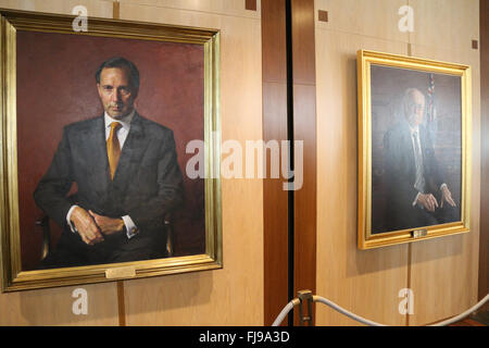 Paintings of former Australian Prime Ministers at Australian Parliament House at Capital Hill in Canberra. Stock Photo