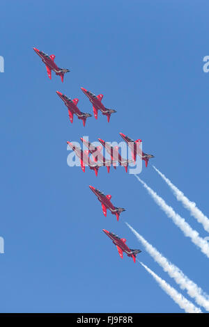 Royal Air Force (RAF) formation aerobatic display team the Red Arrows flying the British Aerospace Hawk T.1 trainer aircraft. Stock Photo