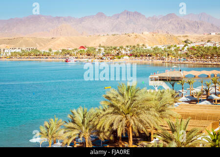 February day on the beach in Sharm-El-Sheikh, the red sea coast from the height of the hotel beach Albatros resort, Egypt Stock Photo