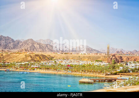 February day on the beach in Sharm-El-Sheikh, the red sea coast from the height of the hotel beach Albatros resort, Egypt Stock Photo